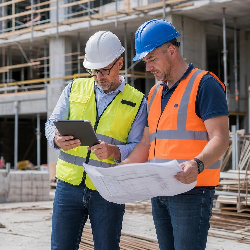 Architect and contractor collaborating on a project plan