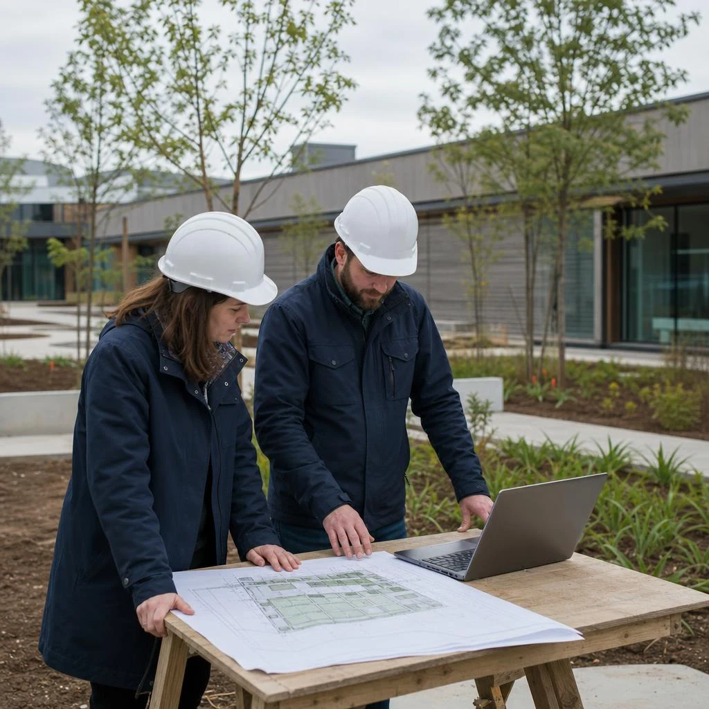 Landscape architects working with a detailed site plan