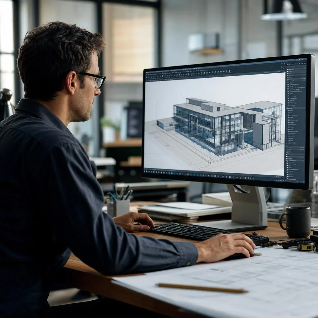 Engineer using a Windows workstation with a detailed CAD model